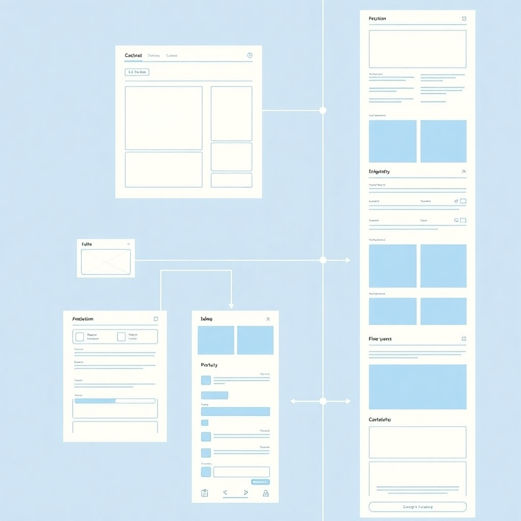 UI UX design process with wireframes and prototypes in blue color scheme