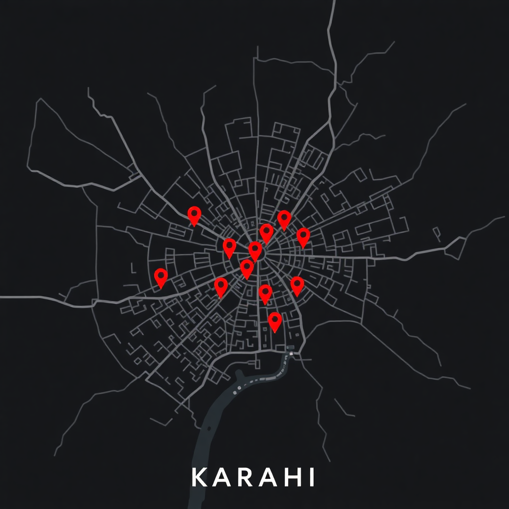 dark stylized city map karachi pakistan aerial view minimal red markers