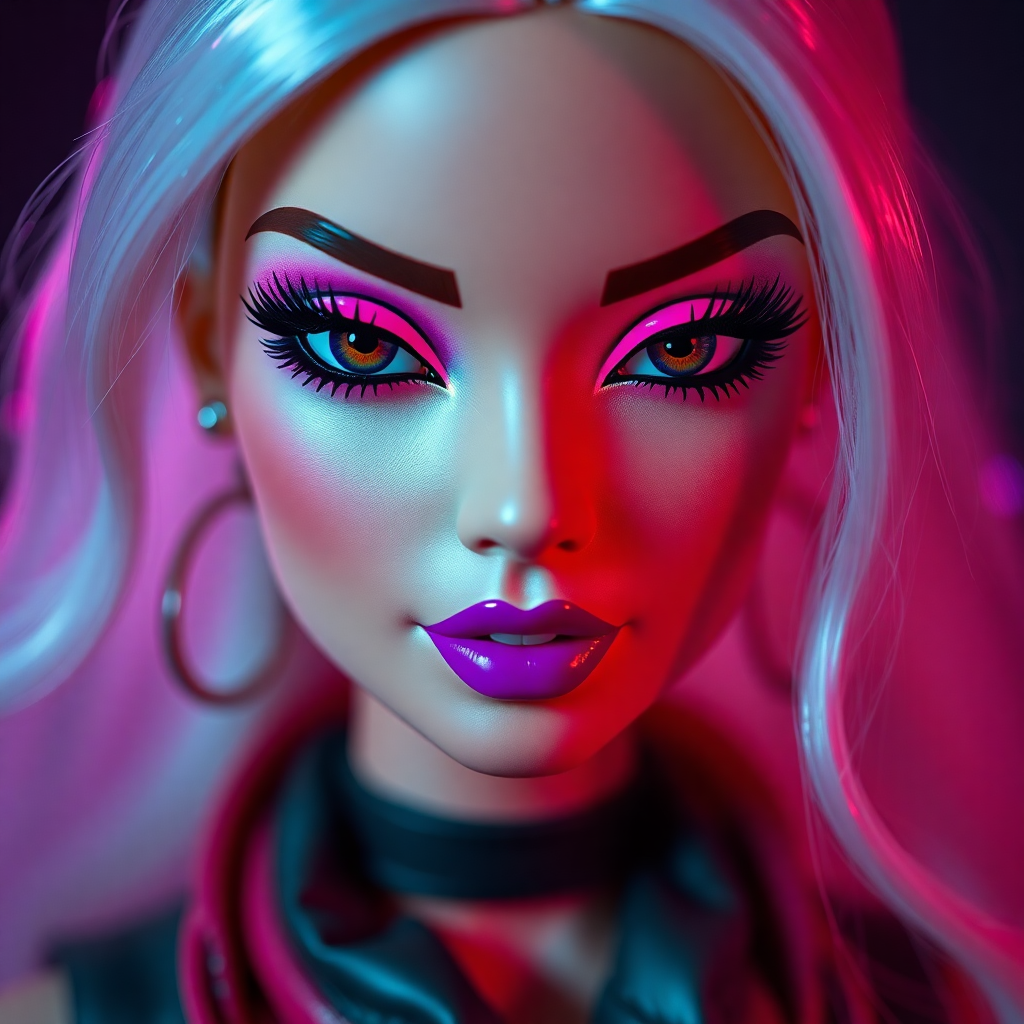 close-up barbie face with intense gamer makeup, neon pink eyeshadow and cyber purple lipstick, dramatic fashion photography