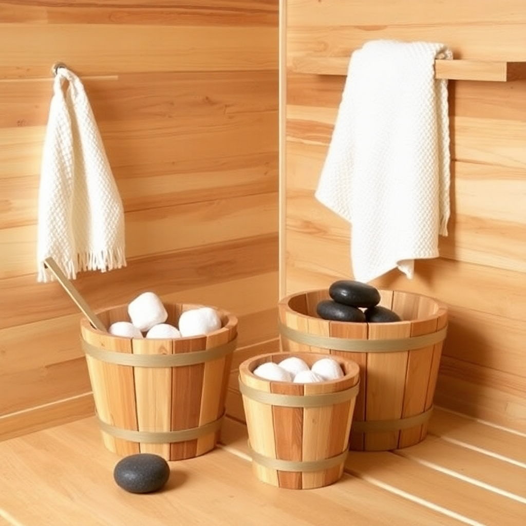 sauna accessories wooden buckets stones stove towels