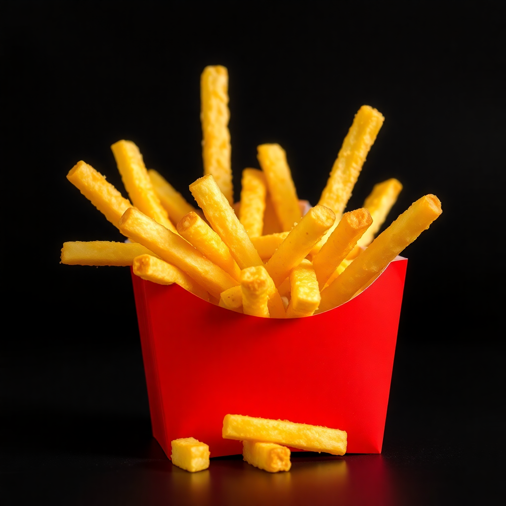 Crispy golden french fries in a red carton box, studio shot