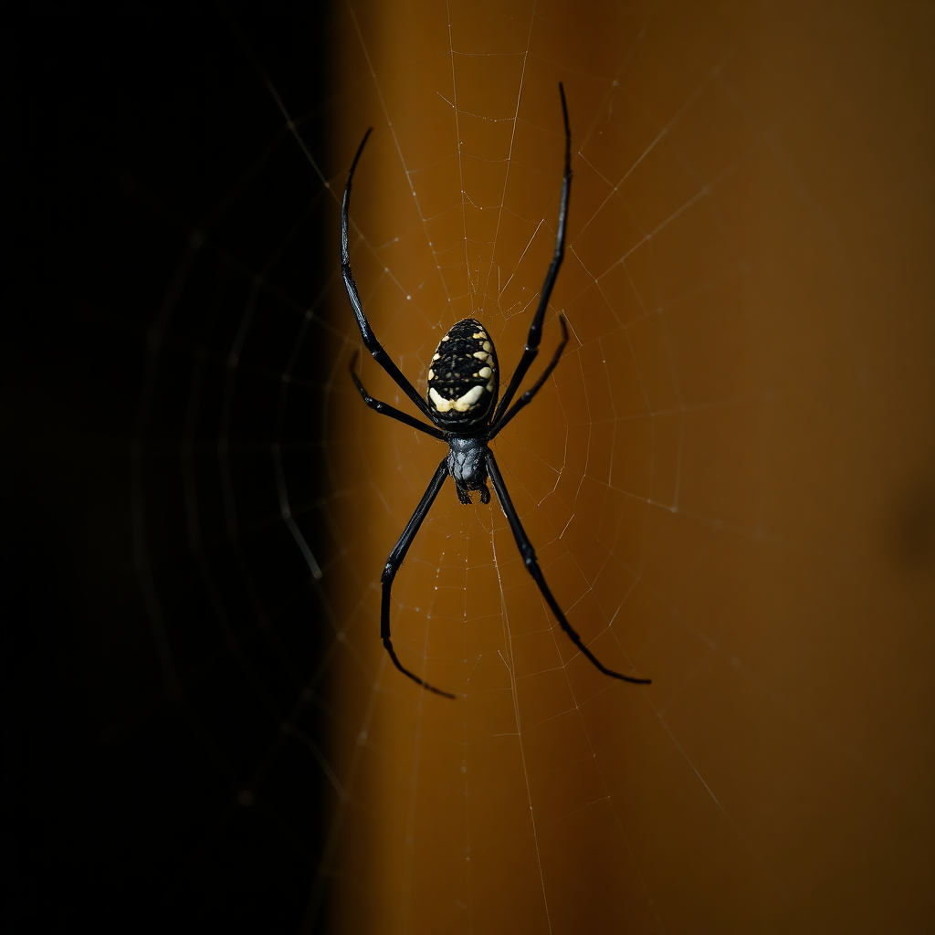 large black spider on web in dark corner of house, dramatic lighting, professional macro photography