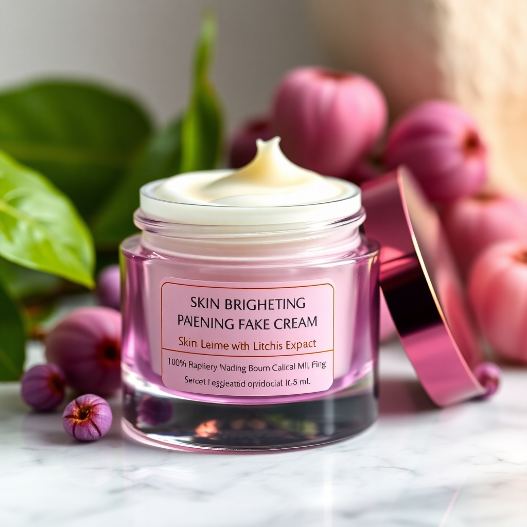 skin brightening face cream with litchi extract, elegant jar packaging, natural skincare product photography