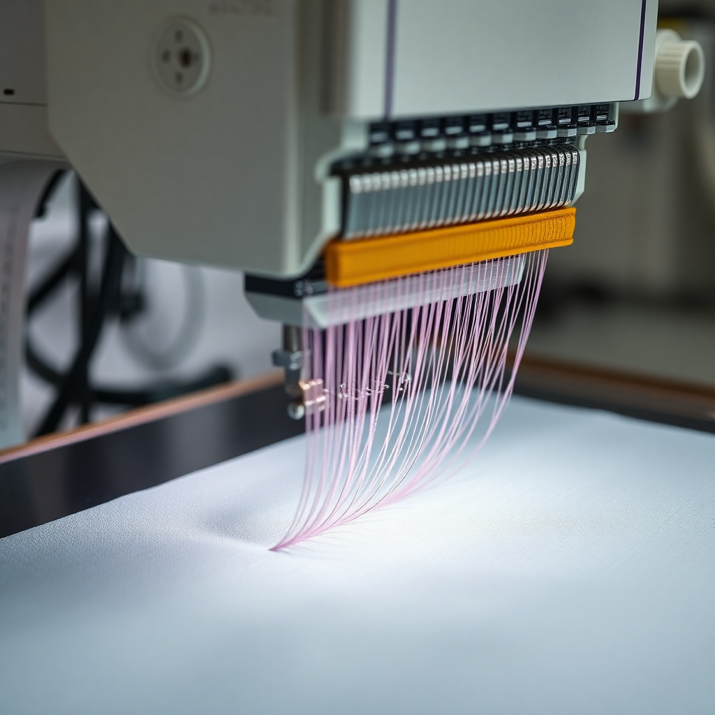 professional embroidery machine with high-resistance threads creating precise stitches on premium fabric close-up detail