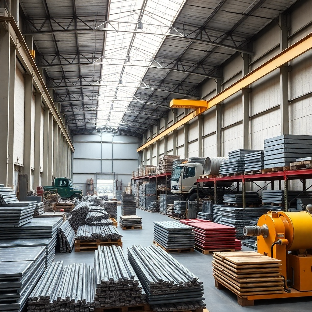 industrial warehouse with metal materials and heavy machinery, professional logistics facility