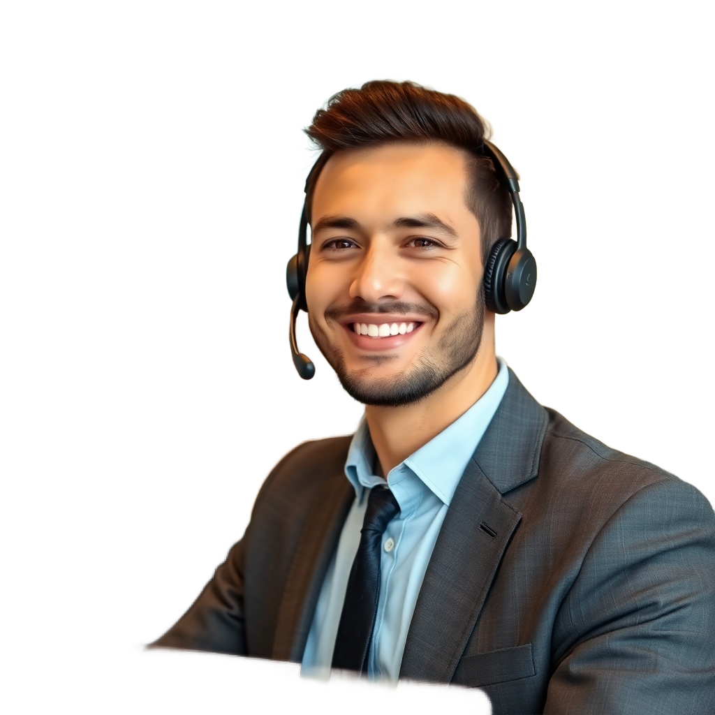 friendly professional customer service male agent with headset smiling