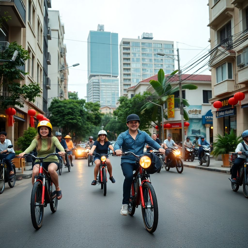 tourists on electric bikes exploring hanoi streets, professional photography