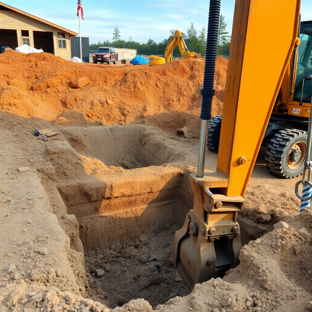 excavation work for house foundation, construction machinery, earthworks site, professional construction photography