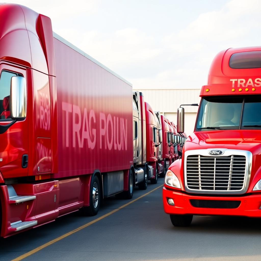 fleet of red semi trucks parked at distribution center