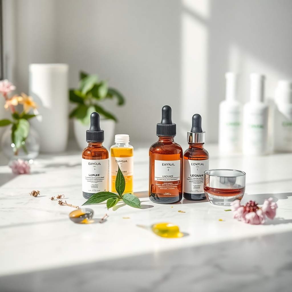 skincare ingredients on clean surface, botanical extracts, scientific laboratory aesthetic, minimal composition, natural lighting