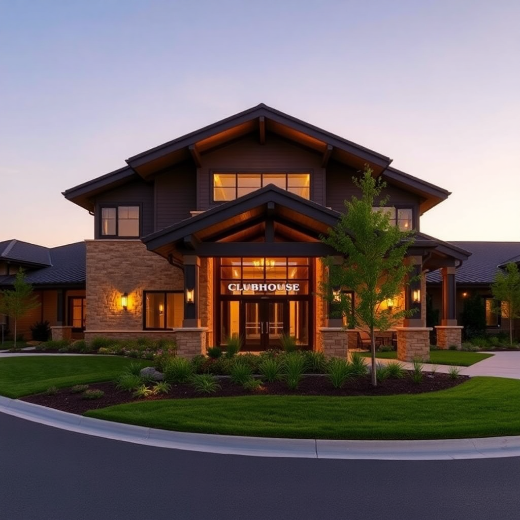 luxury community clubhouse exterior, modern architecture, warm lighting at dusk, elegant landscaping