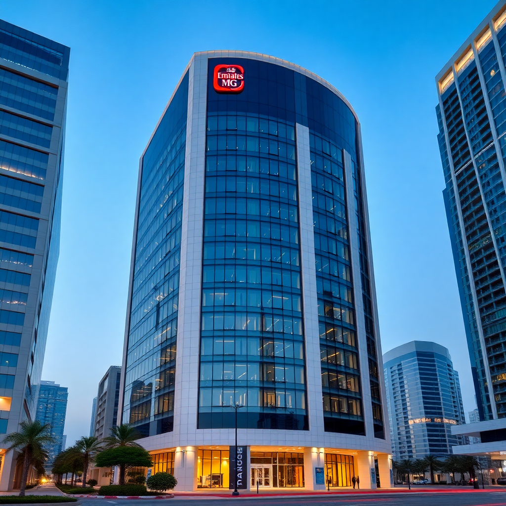 modern professional building in Dubai with Emirates Group logo, architectural photography