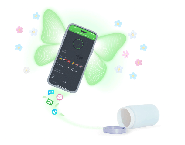 modern smartphone showing VPN interface with shield icon, green connection indicator, server selection screen, clean UI design, floating on transparent background