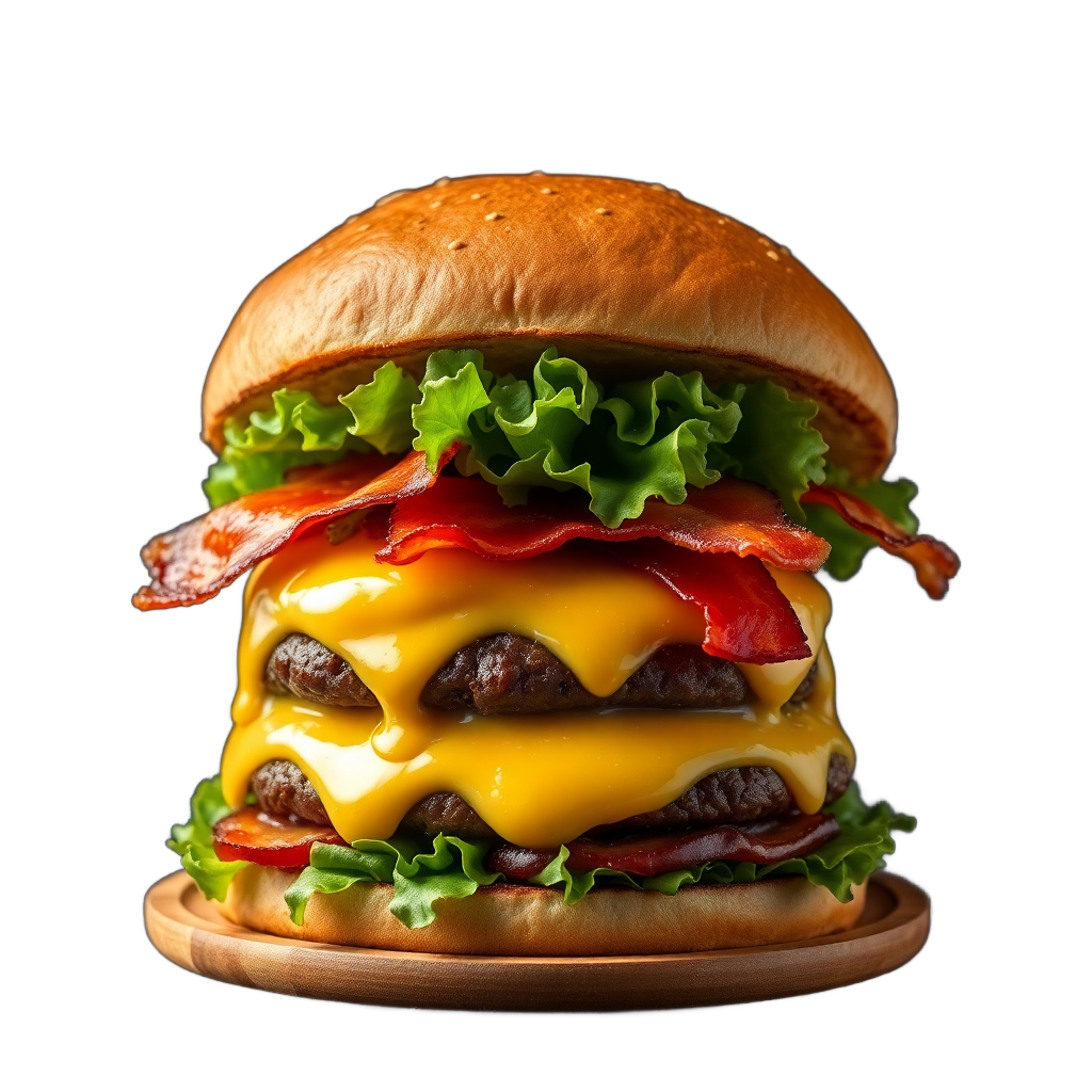 a high-end gourmet monster burger with melting cheese, bacon, and fresh greens, professional food photography, dark background