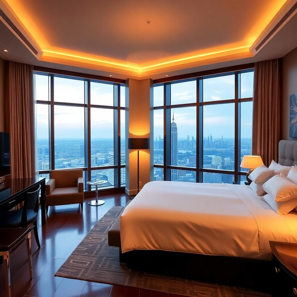 luxury hotel room interior with king bed