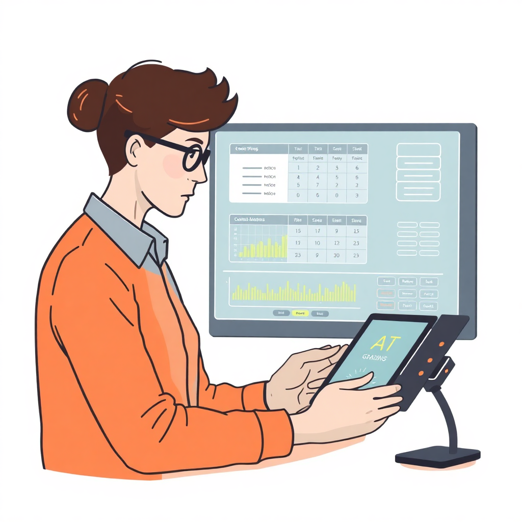 educator reviewing AI grading results on tablet with override controls, collaborative technology illustration