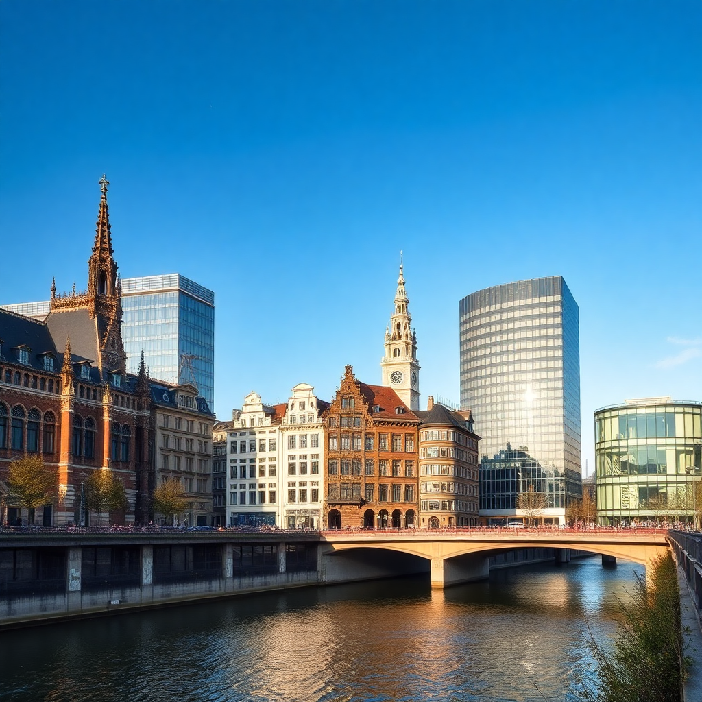 Modern Brussels cityscape with European buildings and engineering structures, professional conference style