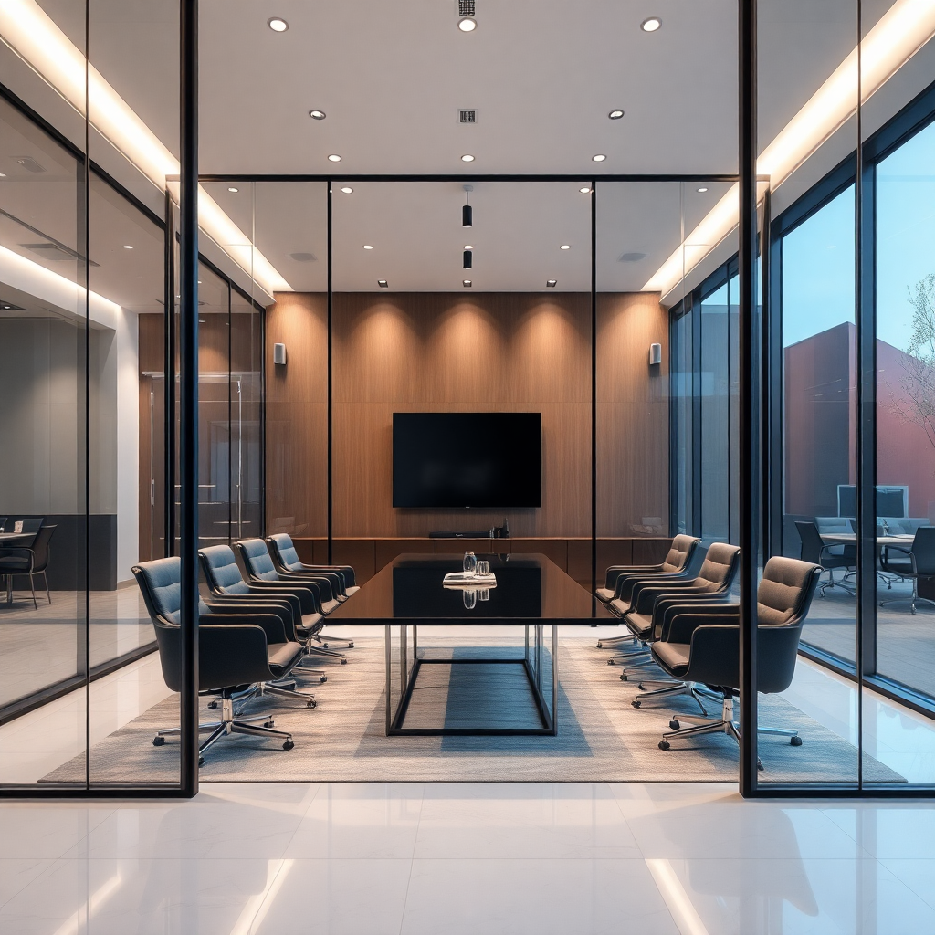 modern luxury office meeting room, glass walls, high-end furniture