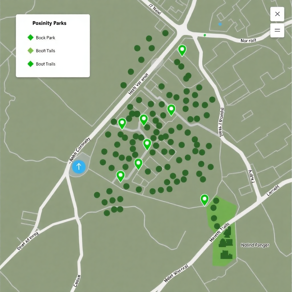 proximity map showing parks and green spaces around a property with green markers, trails and recreation areas marked on map