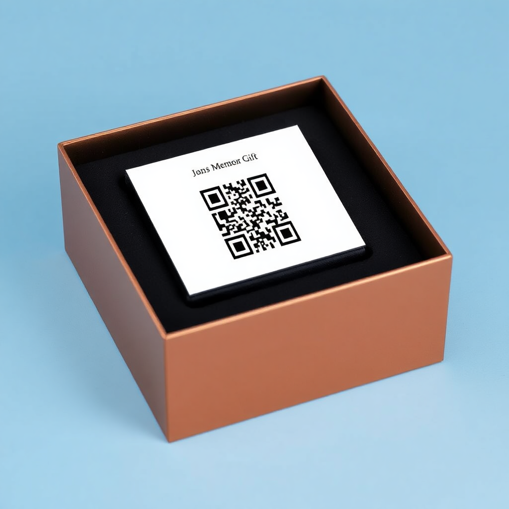 QR code memorial product in elegant gift box packaging, premium presentation