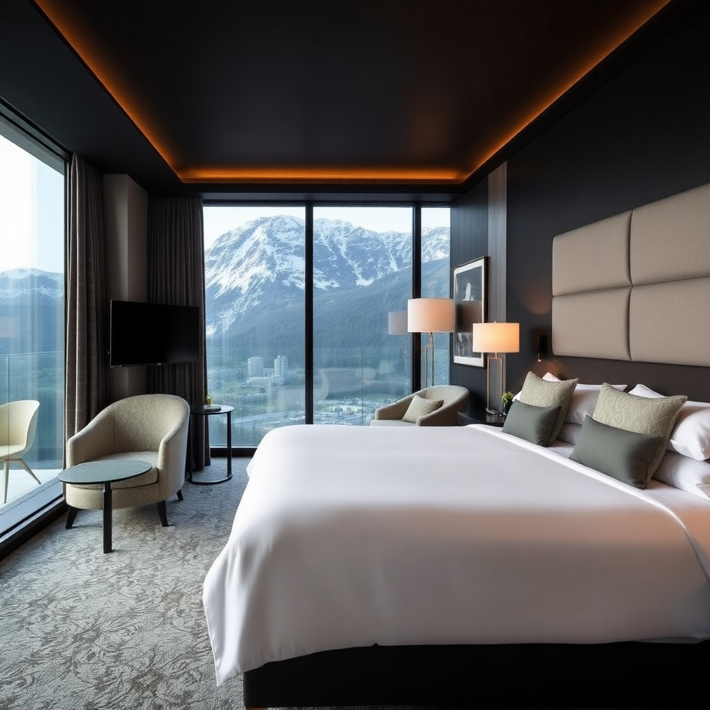 luxury five star hotel suite Escaldes-Engordany Andorra modern interior mountain panorama premium accommodation spa access editorial photography dark moody champagne accents