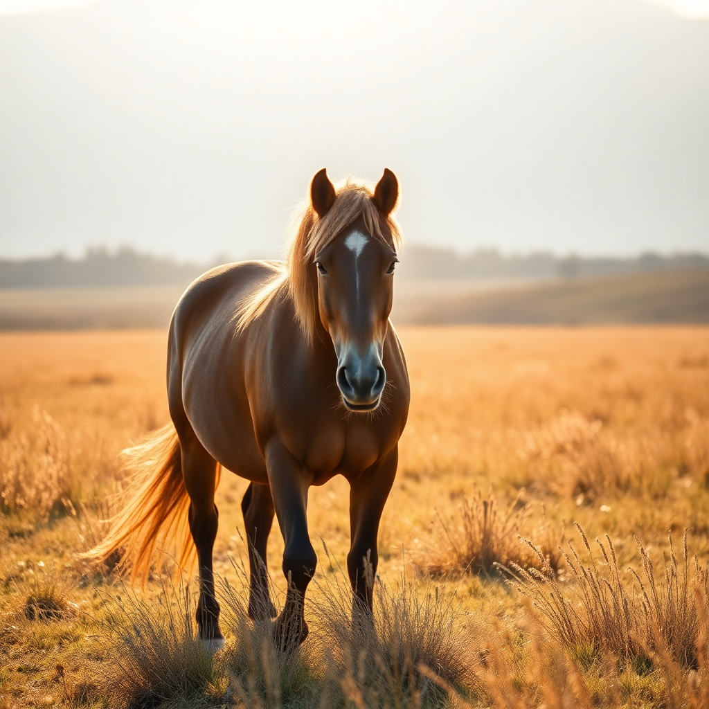 majestic brown horse in a sunlit field, cinematic lighting, high resolution