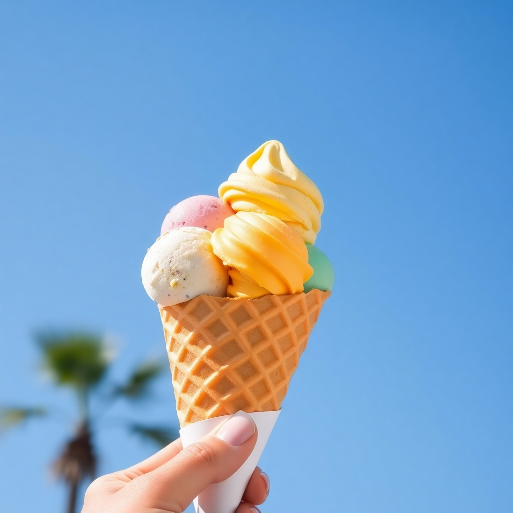 waffle cone with triple scoops of colorful ice cream against blue sky