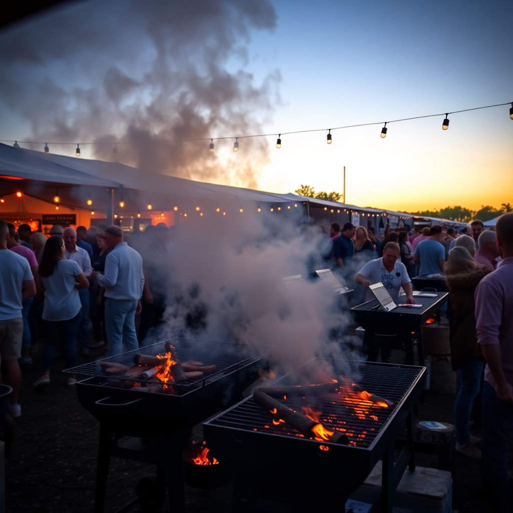 outdoor BBQ event with smoky grills, people gathered around, fire and flames, rustic summer festival atmosphere, warm golden hour photography