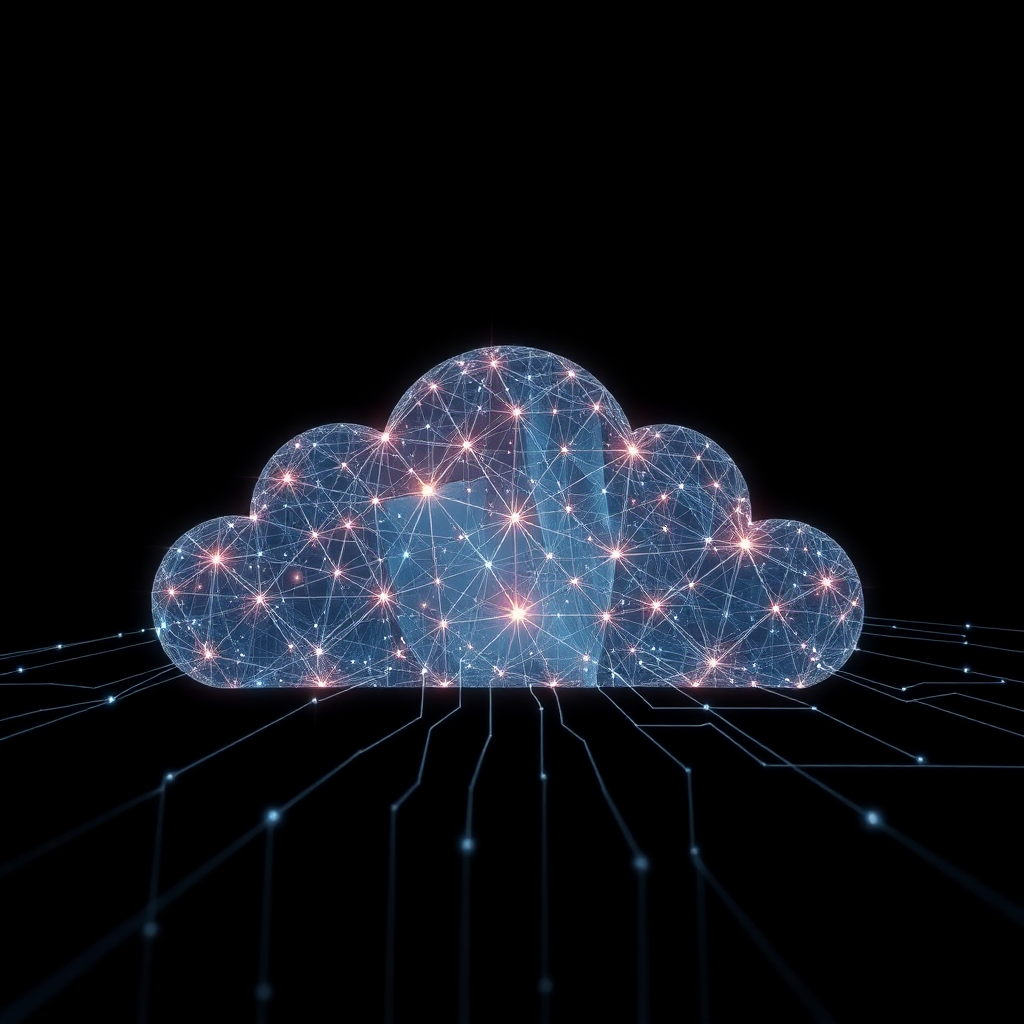 abstract cloud technology network pattern, digital infrastructure visualization, dark background