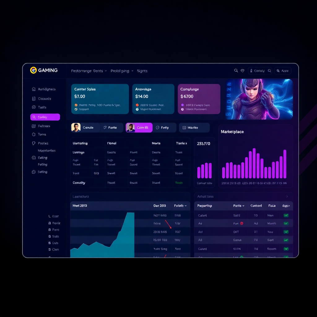 futuristic gaming event management dashboard with meeting scheduler and marketplace interface, dark theme professional design