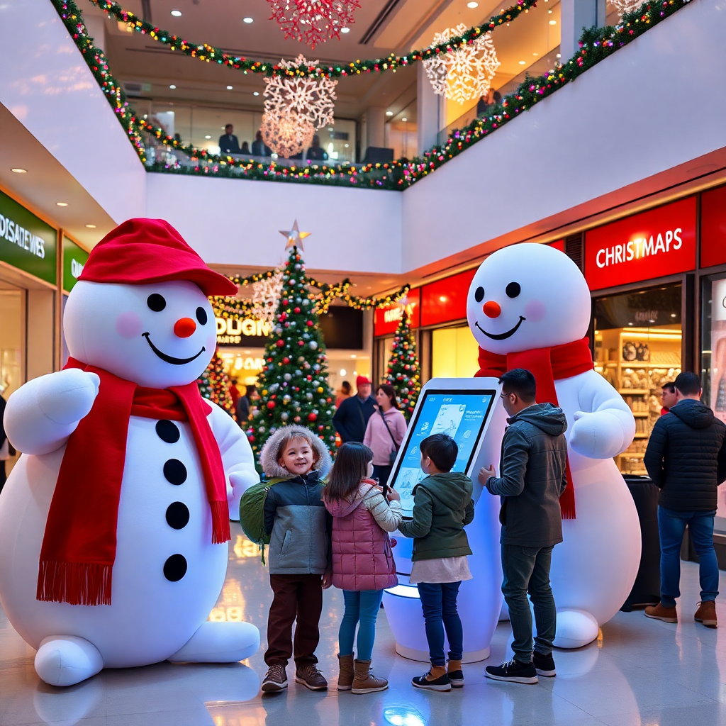 a festive Christmas mall activation with large snowman mascots, colorful lights, and a family interacting with a digital kiosk, joyful atmosphere, photorealistic