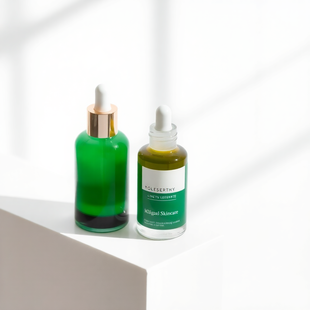 elegant minimal skincare serum bottle on clean white surface, soft natural lighting, premium product photography, beige and green tones