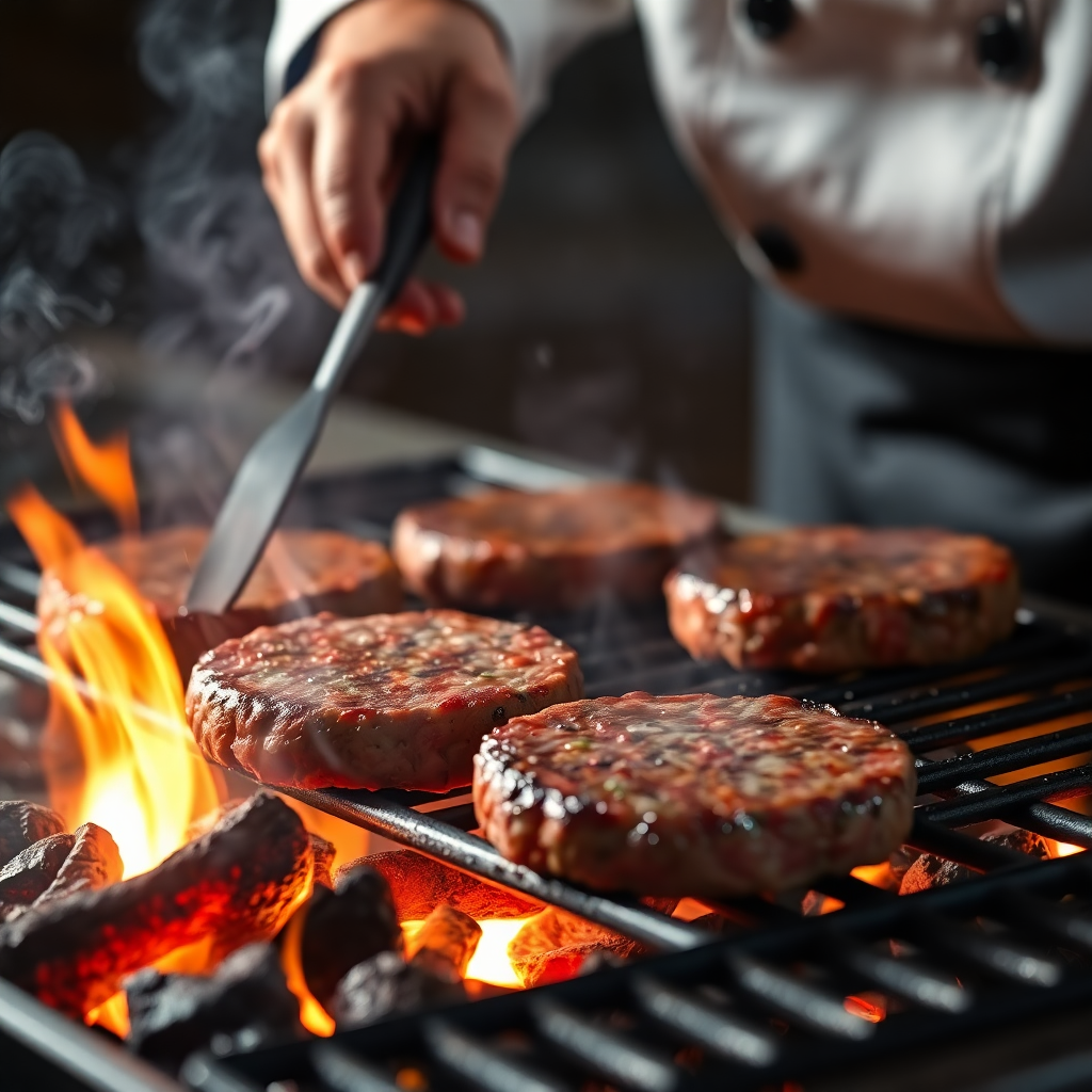 dramatic close-up of a chef grilling high-quality beef patties over an open flame with glowing embers and smoke