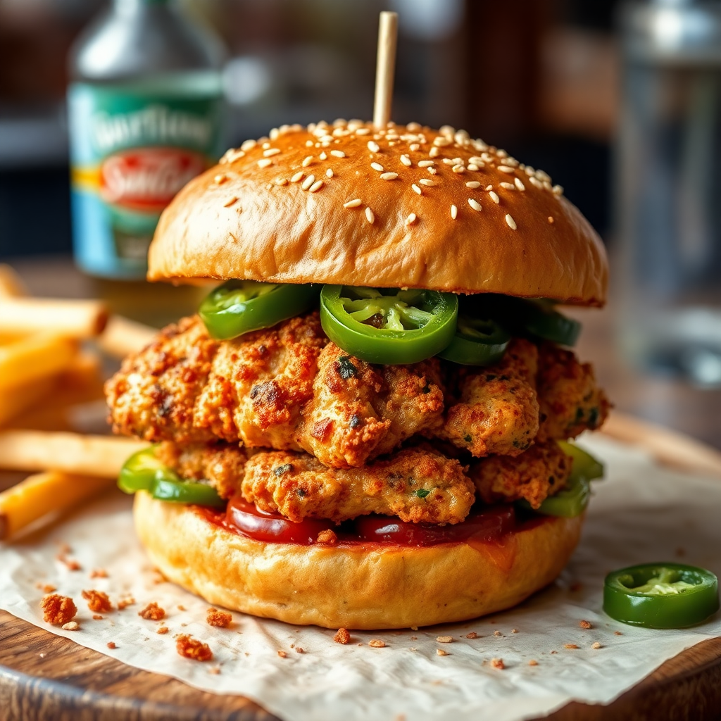 Spicy chicken burger with crispy coating and jalapenos