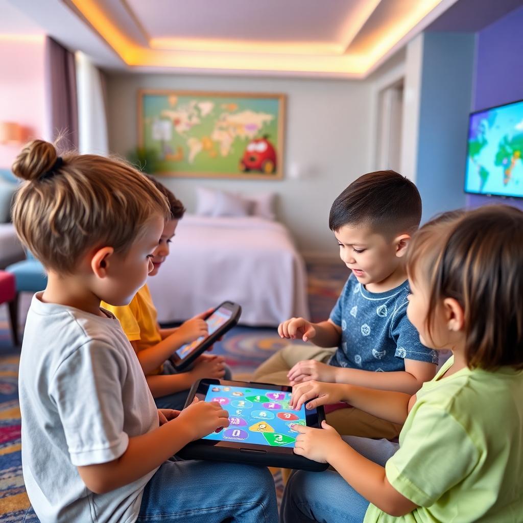 children playing interactive games on tablets in a colorful hotel kids