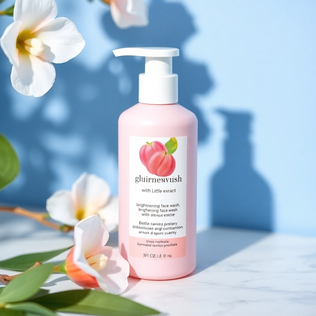 brightening face wash product with litchi extract, elegant packaging, natural skincare product photography