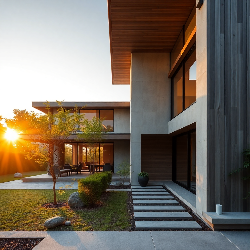 Japanese minimalist house exterior, concrete and wood facade, large glass panels, zen garden, golden hour light, architectural photography editorial style