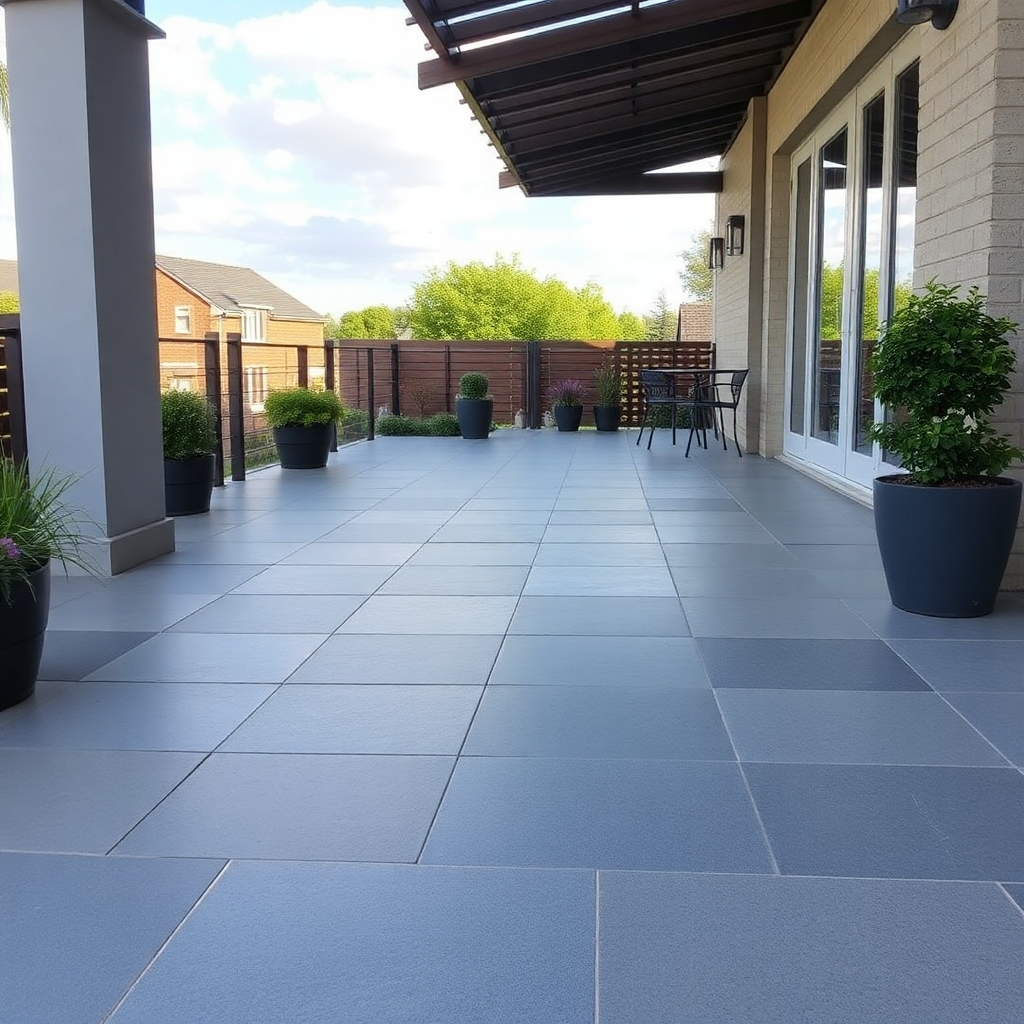 outdoor terrace with 45 degree cut porcelain tiles, professional installation, weather resistant