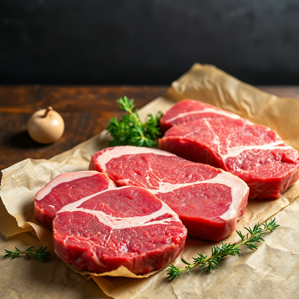 premium beef cuts fresh raw steaks on butcher paper rustic background