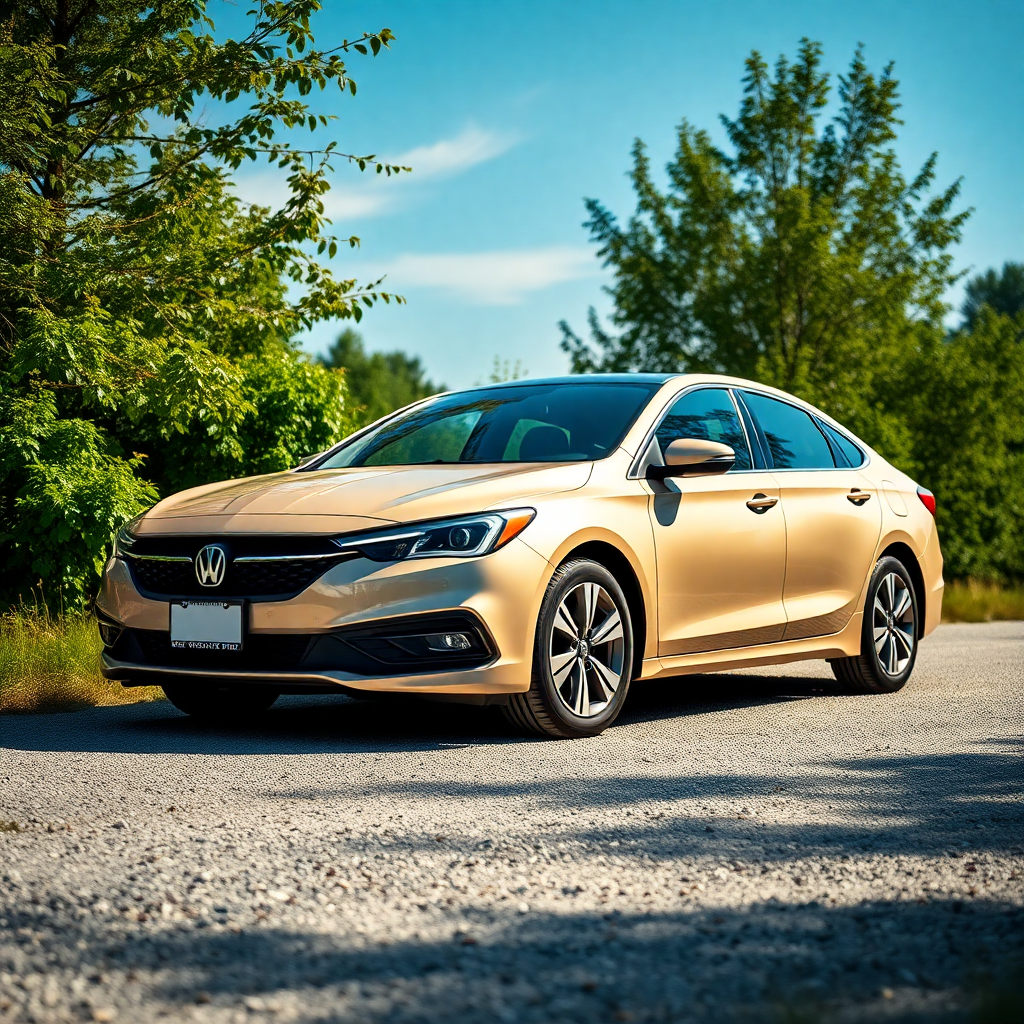 A stunning, high-resolution photograph of a modern beige sedan parked on a clean gravel road, surrounded by lush green foliage, bright sunny day, cinematic shot.