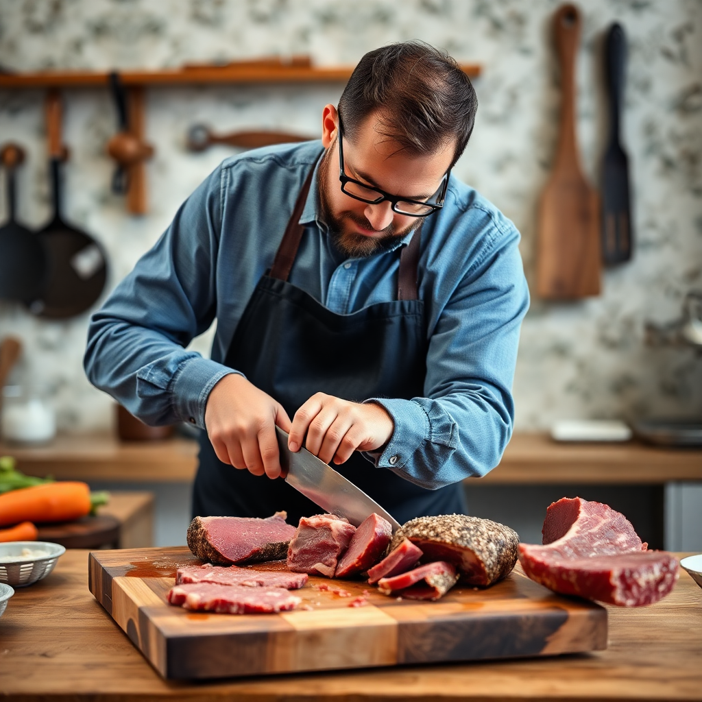 artisan butcher cutting premium meat, skilled craftsman, rustic butcher block, professional photography