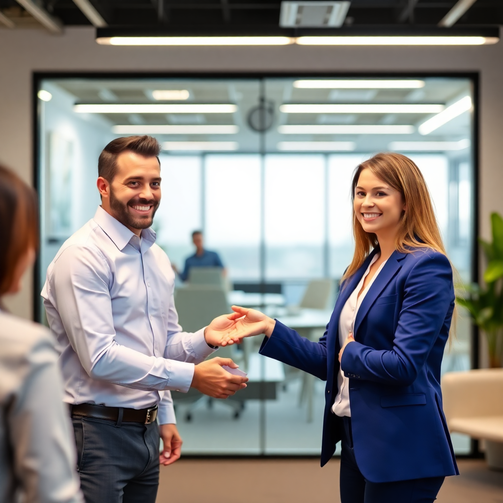 happy professional receiving job offer, recruitment success moment, modern office celebration