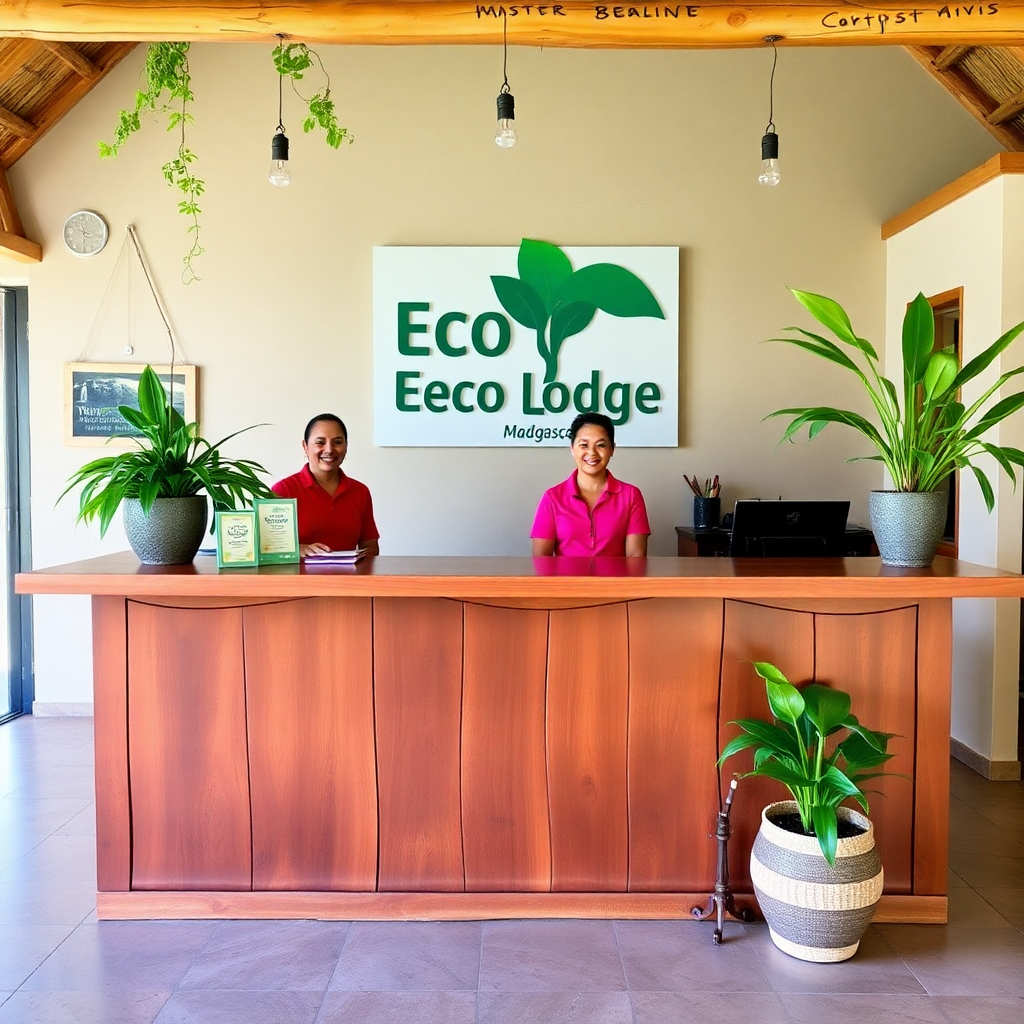 reception desk eco lodge madagascar, smiling staff, welcoming atmosphere, plants, wooden desk