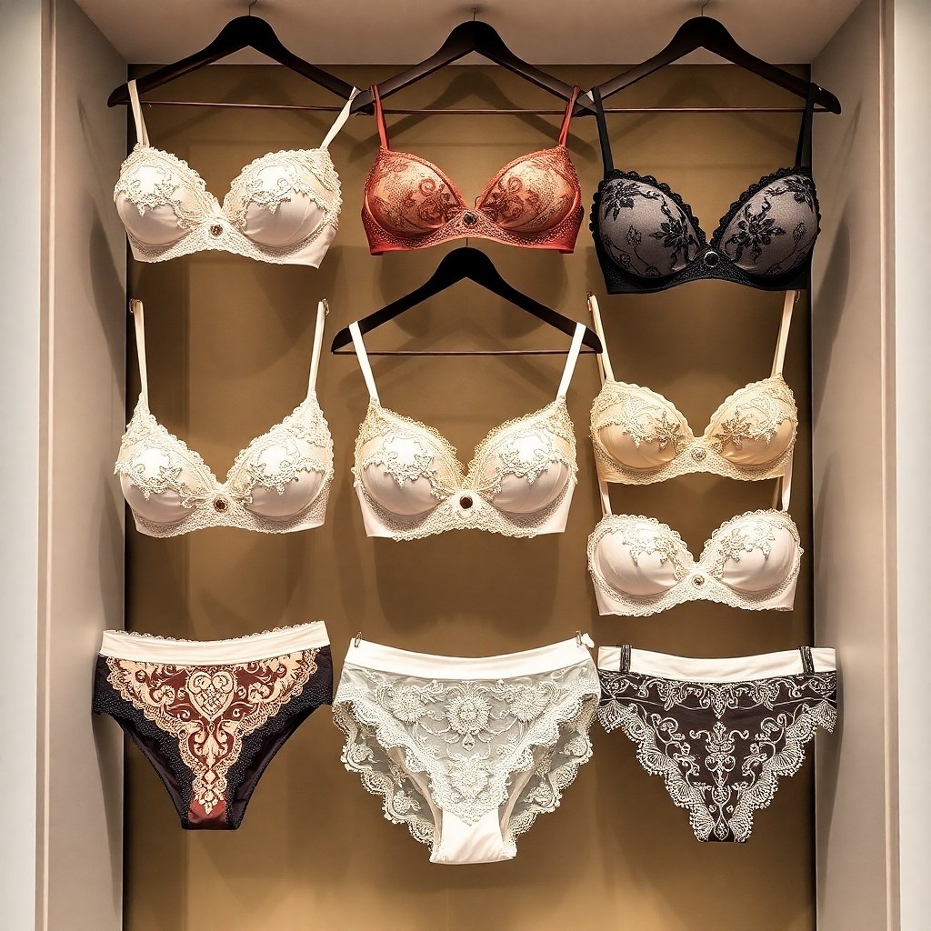 luxury lingerie collection display, elegant intimate apparel, premium bras and panties, sophisticated styling
