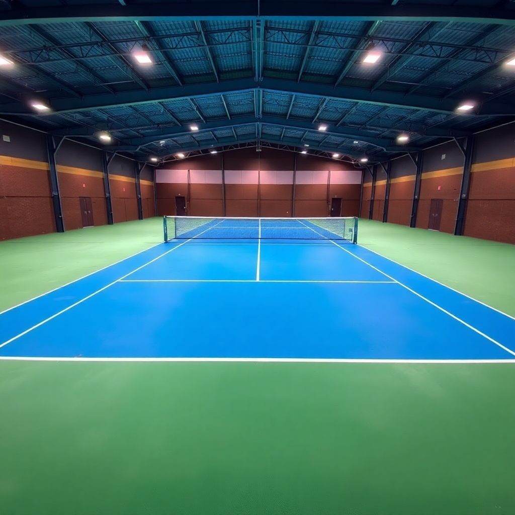 professional padel tennis court, indoor, modern lighting, blue and green colors, high quality sports facility