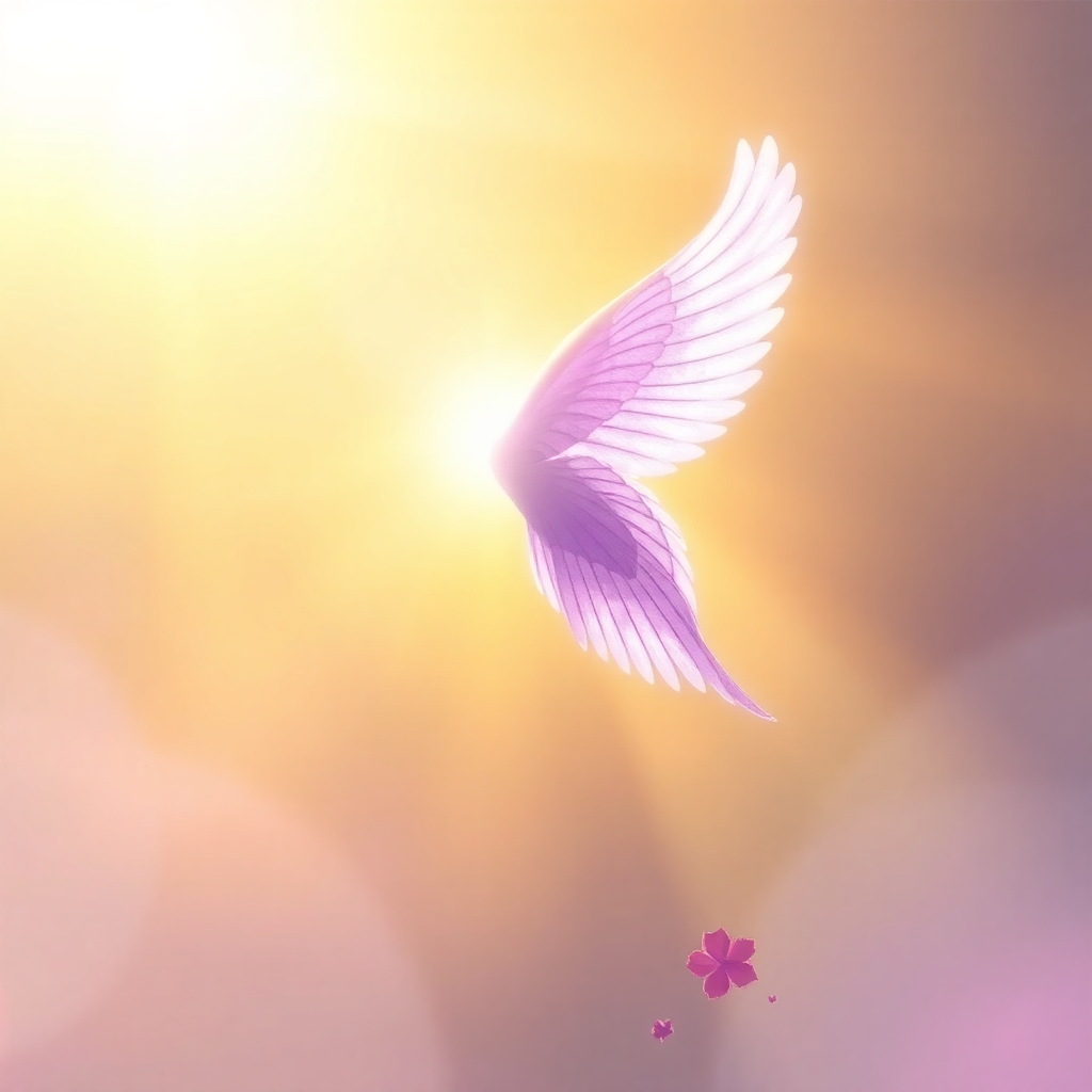ethereal lavender wing ascending toward golden light, inspirational and hopeful, digital art