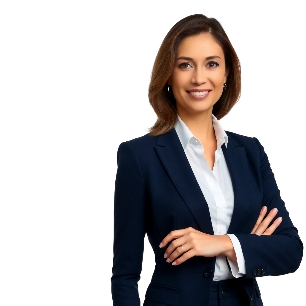 professional Turkish businesswoman in navy blue suit, corporate operations director portrait, without background