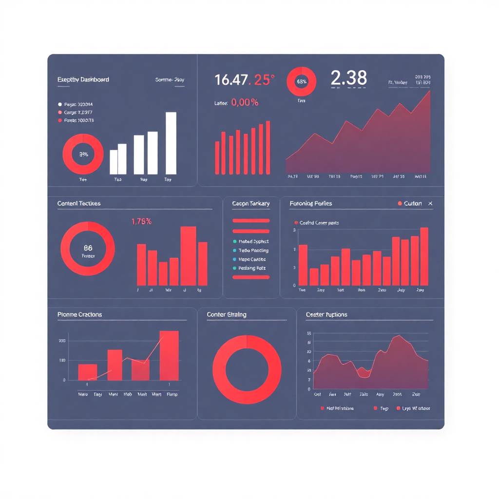 executive dashboard illustration with analytics, charts, KPIs, data visualization, management interface, red theme