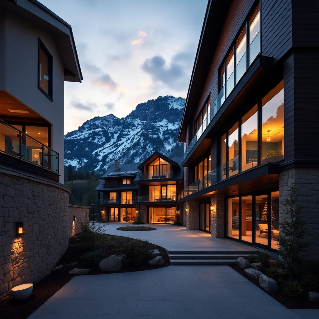 luxury alpine property exterior Andorra modern mountain architecture prestigious residential building dramatic Pyrenees mountain backdrop sophisticated real estate evening ambiance editorial architecture photography