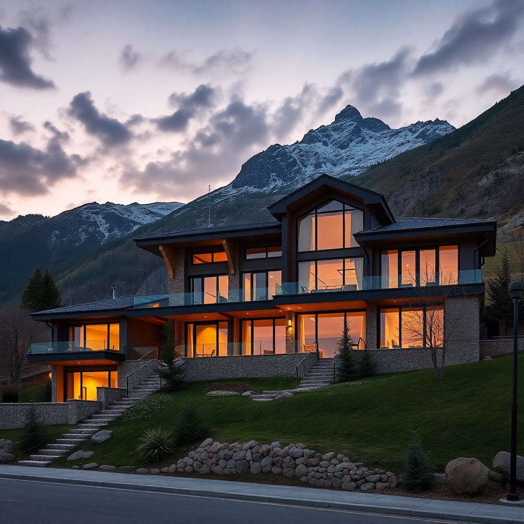 luxury alpine property exterior Andorra modern mountain architecture prestigious residential building dramatic Pyrenees mountain backdrop sophisticated real estate evening ambiance editorial architecture photography